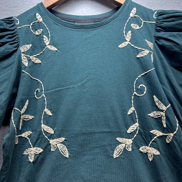 Especia Shirt Womens XS Green Embroidered Puff Sleeve Smocked Cuff Boho Top Rare - Picture 9 of 9